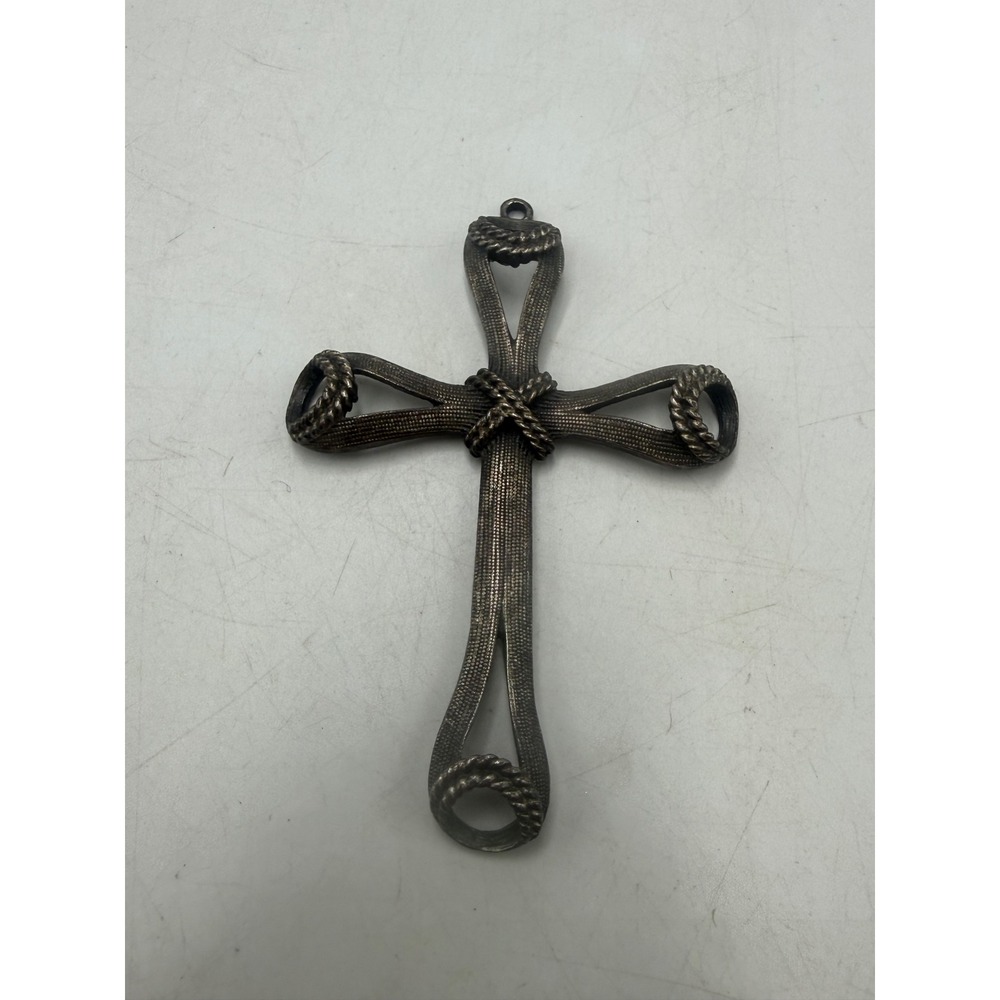 Vintage Large Woven Mesh Cross Pendant Antiqued Silver Tone Rope Accent 4 Inch